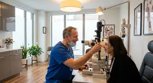 Optometrist examining a patient in a modern, well-lit office with large windows and a comfortable seating area.