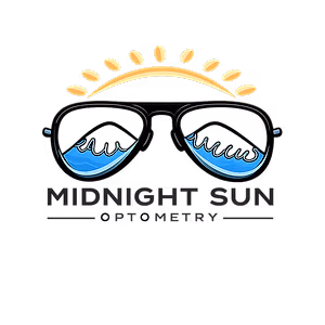 MIDNIGHT SUN OPTOMETRY logo with sun and glasses