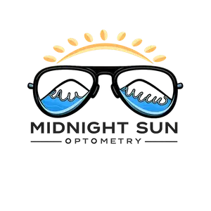 MIDNIGHT SUN OPTOMETRY logo with sun and glasses