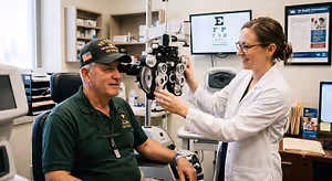 Veteran getting eye exam at VA clinic