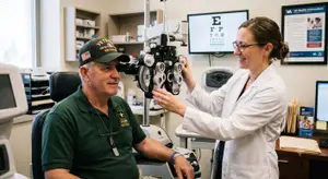 Veteran getting eye exam at VA clinic
