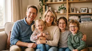 A family of four, consisting of two adults and two children, is seated together on a couch, all of them wearing glasses and smiling for a photograph.