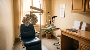 An examination room with a chair and a table with a book and a pen on top.