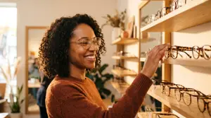 Woman choosing glasses from a shelf in a boutique