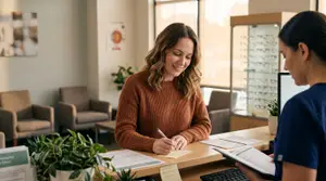 An adult woman wearing a brown sweater is sitting at a desk and writing on a piece of paper with a pen while another woman wearing a blue scrub top is looking at her from the front in what seems to be an eye clinic. There are papers on the desk and a monitor on the back with a potted plant next to it. There are chairs in the back with potted plants on them and a painting on the wall.