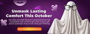 Halloween eye care banner with a ghost wearing glasses and text promoting October consultations and free frames