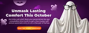 Halloween eye care banner with a ghost wearing glasses and text promoting October consultations and free frames