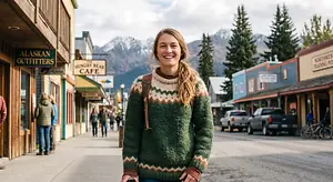 Smiling woman in a green sweater standing on a mountain town street