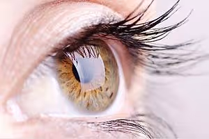 Close up of a person's eye with brown iris and long eyelashes