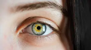 Close-up of a woman's eye with green and yellow iris and brown eyebrows