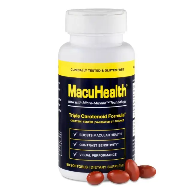 MacuHealth macular health supplement in white bottle and red pills on white background