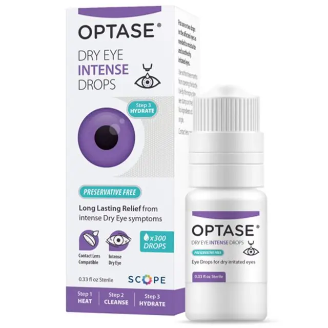 Optase Dry Eye Intense Drops 0.33 fl oz bottle with box showing three steps of use