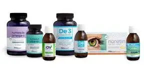 Six different bottles of supplements including Nuretina, Nuretina Omega, De3, and other products displayed on a white background
