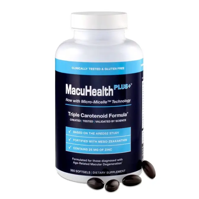 A bottle of MacuHealth PLUS dietary supplement with Micro-Micelle Technology and Triple Carotenoid Formula.