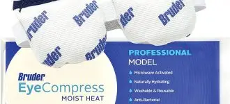 Bruder Professional EyeCompress Moist Heat, featuring a blue and white image of the product with its features listed.