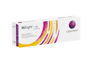 A box of MiSight 1 day contact lenses from CooperVision, 30 daily disposable lenses for myopia management with ActivControl Technology.