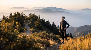A runner stands on a trail with mountains and a sunrise in the background.