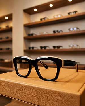 Black and white glasses on a tan leather case in a store