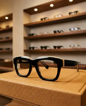 Black and white glasses on a tan leather case in a store