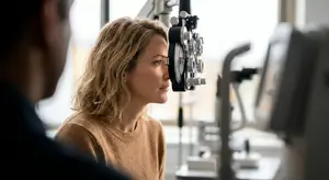 Woman getting her eyes examined by a doctor using a slit lamp