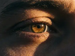 Close up of a person's eye with brown iris and black pupil in the center