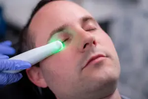 A man is sleeping with his eyes closed and has a green light shining on his face.