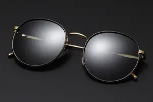 A pair of round sunglasses with black frames and lenses on a black background