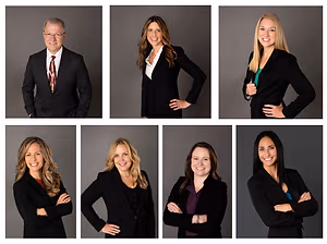 A collage of smiling professionals, including a man in a suit and tie and several women in business attire, posing for a group photo.