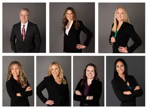 A collage of smiling professionals, including a man in a suit and tie and several women in business attire, posing for a group photo.