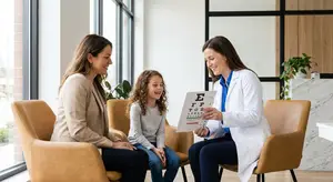 A young girl with her mother and a doctor are in a room with large windows and potted plants, all of them are smiling while the doctor shows the girl a letter chart to test her vision
