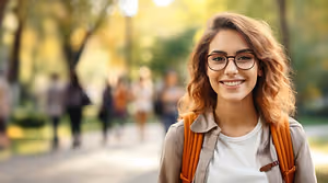 A woman with glasses and a backpack is smiling standing in a park