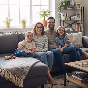 A family of four is sitting on a gray couch smiling