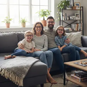 A family of four is sitting on a gray couch smiling