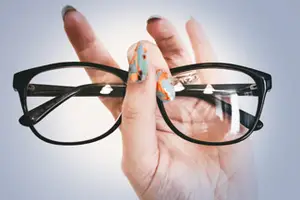 Black-framed glasses with clear lenses in a hand with painted nails