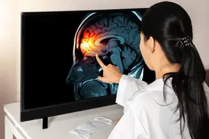 A woman is pointing to a brain image on a monitor.