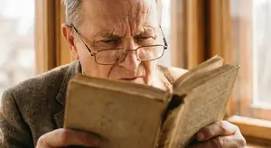 An old man is sitting and reading a book while wearing glasses