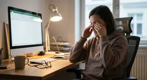 A woman sitting at a desk with her hands covering her eyes