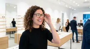 A smiling woman is wearing glasses in a store and holding them to her face.
