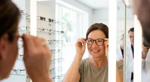 A woman wearing glasses is smiling and holding them up to her face while looking in a mirror at a store with a man in a white coat behind her