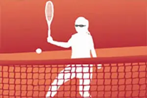 A person playing tennis in a red and orange background