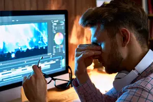 A man sits at a desk, wearing headphones, and appears to be editing a video on a computer monitor. He is holding a pair of glasses in his hand.