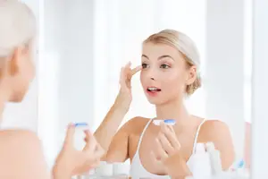 A woman is looking at herself in the mirror and trying to put in her contact lens