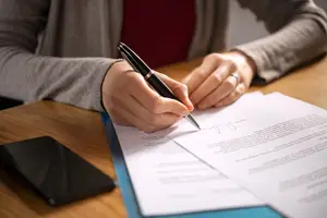 A person is sitting on a chair and holding a pen in his hand while writing on a piece of paper on a wooden table.