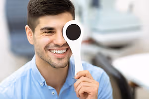 A smiling man wearing a blue shirt holding a white eye chart in a dental clinic