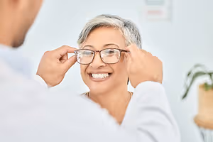 A man is adjusting a pair of eyeglasses on a woman's face in a room