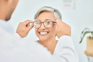 A man is adjusting a pair of eyeglasses on a woman's face in a room