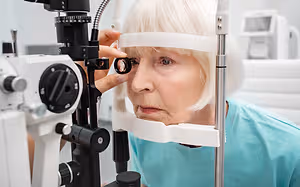 An older woman in a blue shirt is examining her eye in a medical examination room using a device.