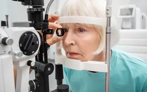 An older woman in a blue shirt is examining her eye in a medical examination room using a device.