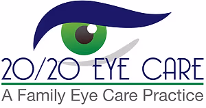 20/20 Eye Care: A Family Eye Care Practice logo featuring a stylized eye with a green iris and blue eyelid, set against a white background.