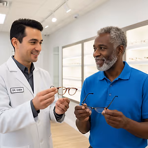 An optometrist named Dr. Chen is showing a patient a pair of glasses.